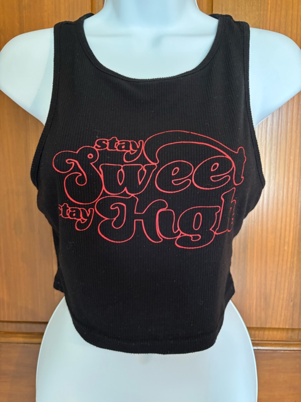 SHEIN Black Ribbed Crop Tank with Red "Stay Sweet Stay High" Graphic